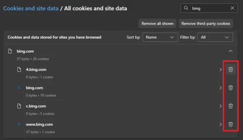 delete the bing site data