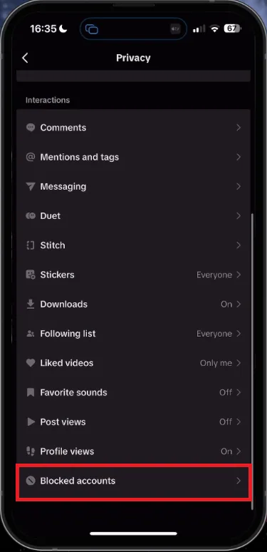 TikTok Privacy Settings > Blocked Accounts