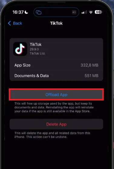 offload tiktok app