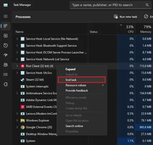 Task Manager > Processes
