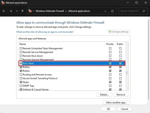 Windows Defender Firewall > Allowed Applications