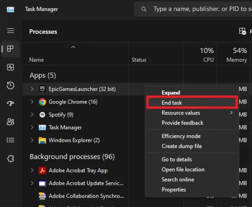Task Manager > Processes