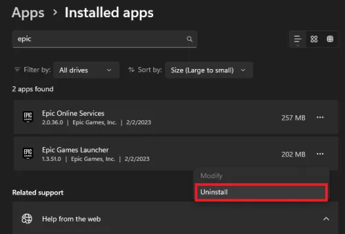 Windows Settings > Apps > Installed Apps > Epic Games