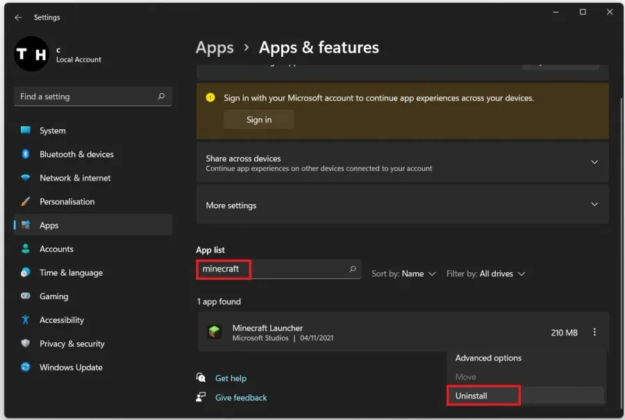 Windows Settings > Apps > Apps & Features > Minecraft