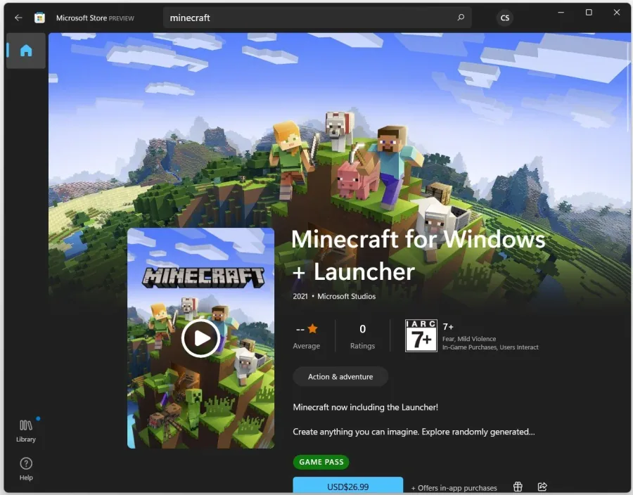 Microsoft Store > Minecraft