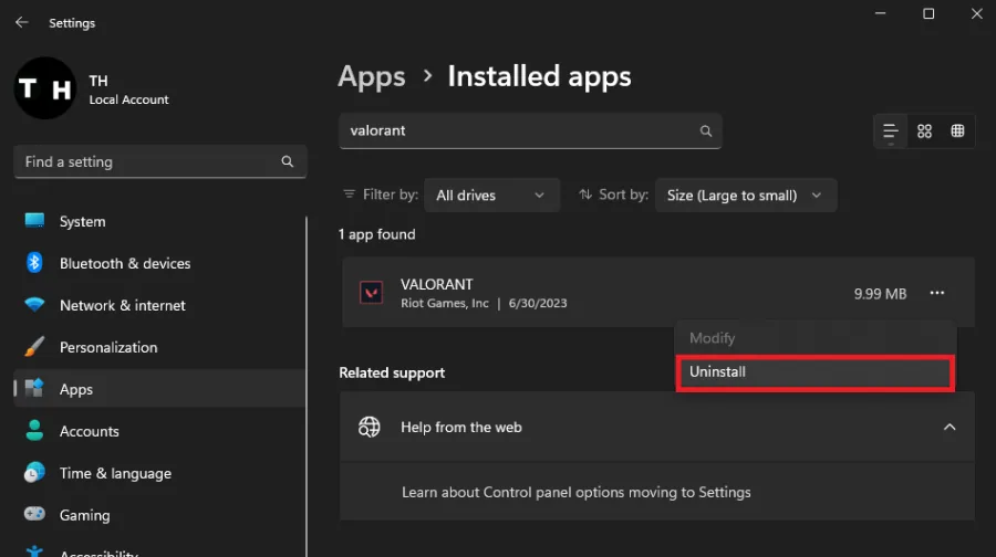 uninstall valorant through settings