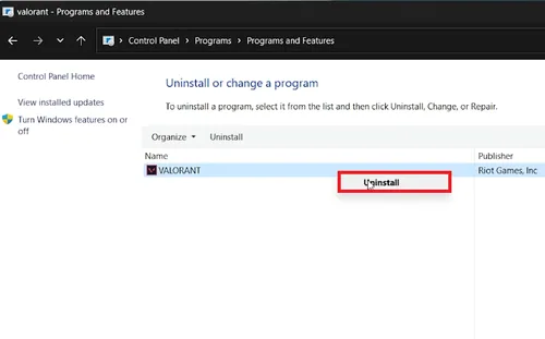 uninstall valorant via control panel
