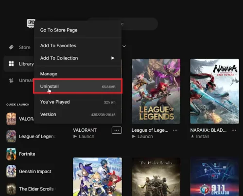 uninstall via epic games launcher
