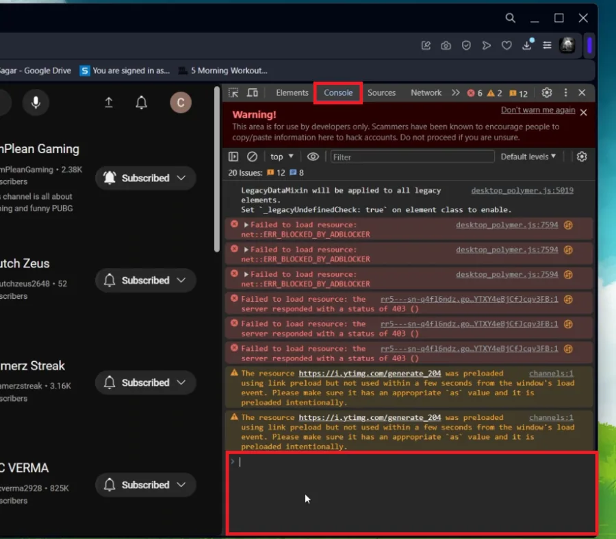 paste in console