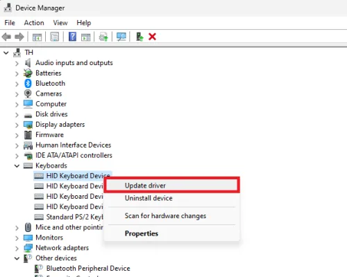 update keyboards driver in device manager