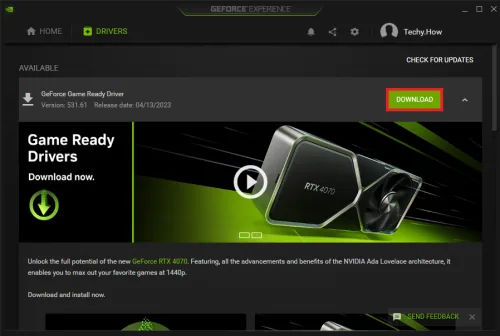 geforce experience drivers tab