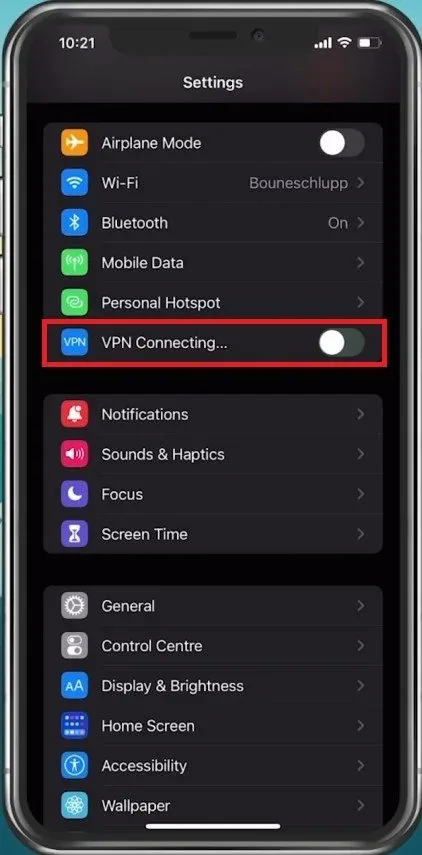 iPhone Settings > VPN