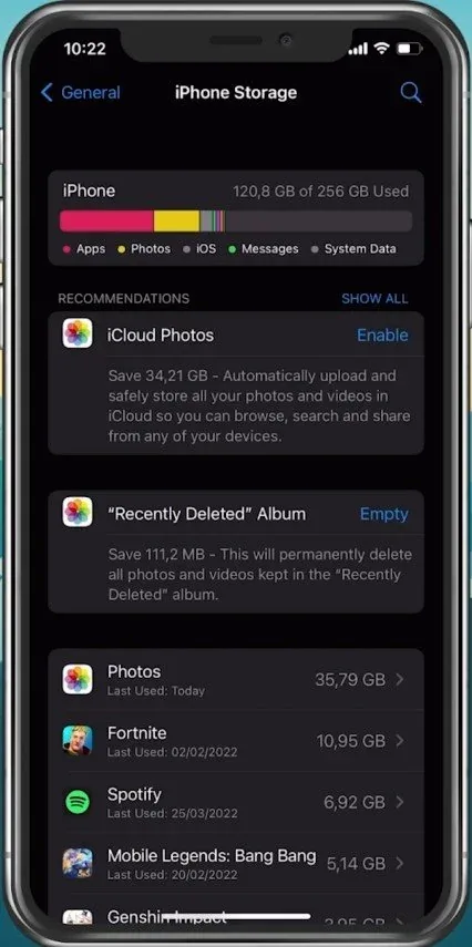 iPhone Settings > General > iPhone Storage