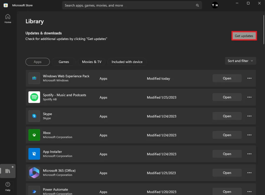 Microsoft Store > Library > Get Updates