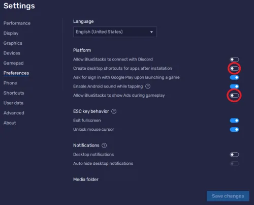 BlueStacks Preferences