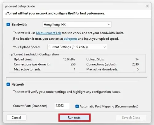 uTorrent Options > Setup Guide > Run Test