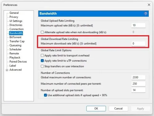 uTorrent Preferences > Bandwidth > Maximum Download Rate