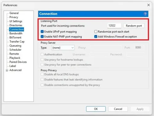 uTorrent Preferences > Connection > Listening Ports