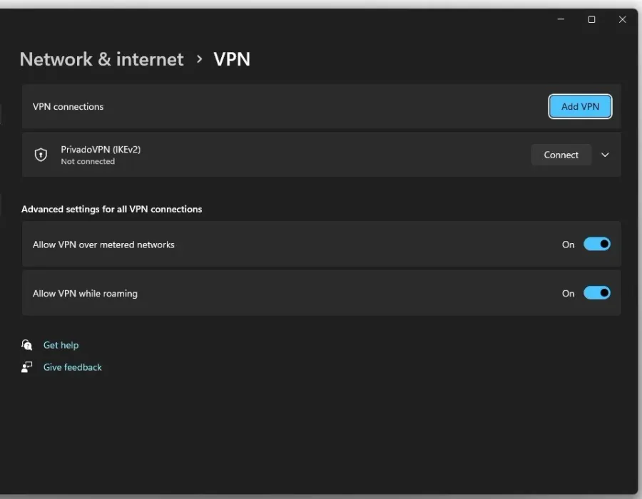 Windows Settings > Network & internet > VPN