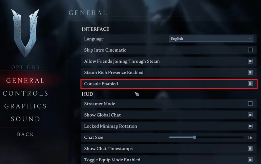 V Rising Settings > General > Console Enabled