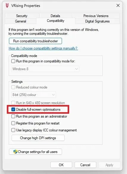 VRising Properties > Compatibility > Disable Full-screen Optimizations