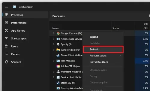 Task Manager > Processes > End Task