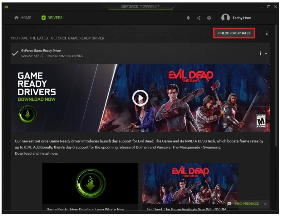 GeForce Experience > Drivers > Check for Updates