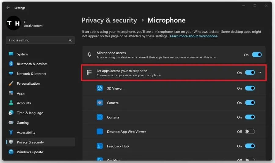 Microphone Privacy Settings > Let apps access your microphone
