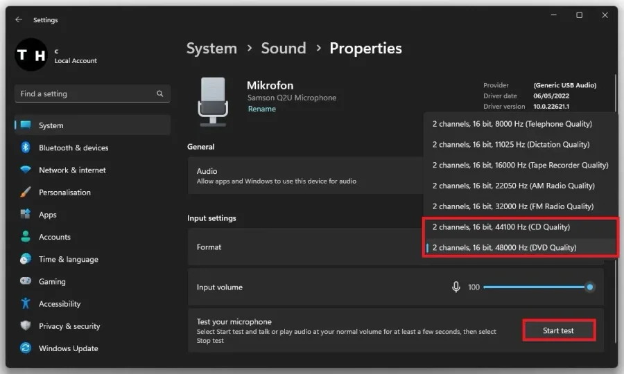 Sound Settings > Device Properties > Format