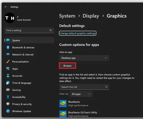 System Settings > Display > Graphics > Browse
