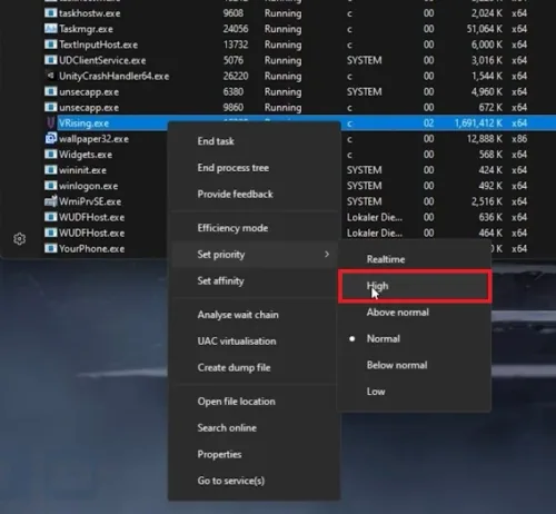 Task Manager > Details > VRising.exe > Set priority > High