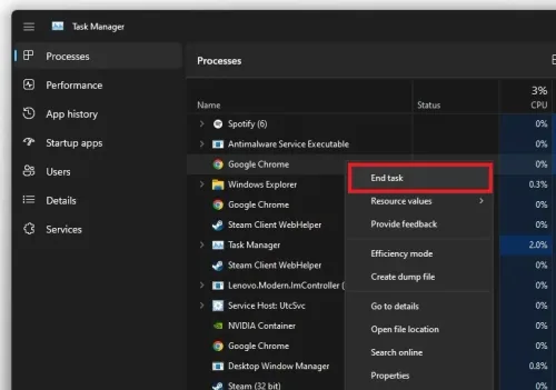 Task Manager > Processes