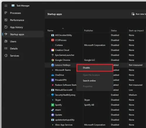 Task Manager > Startup Apps