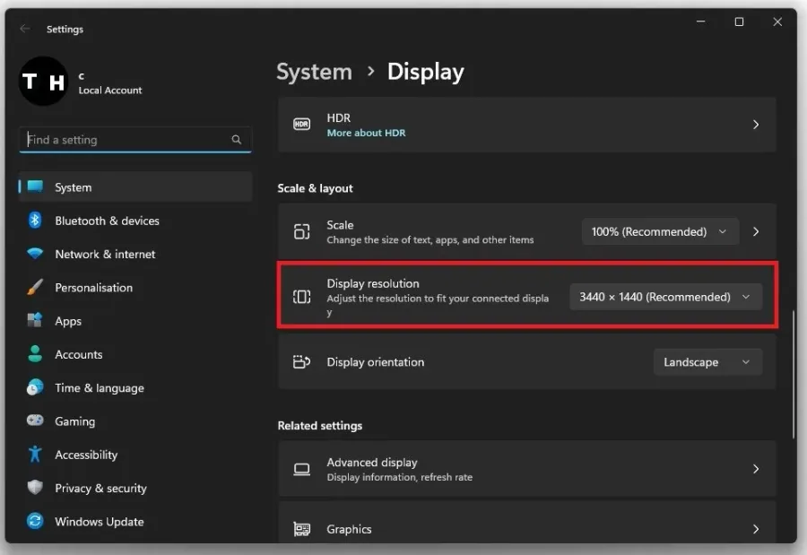 Windows Display Settings > Display Resolution