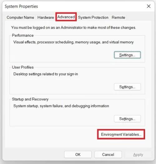 Environment Variables > System Properties > Advanced