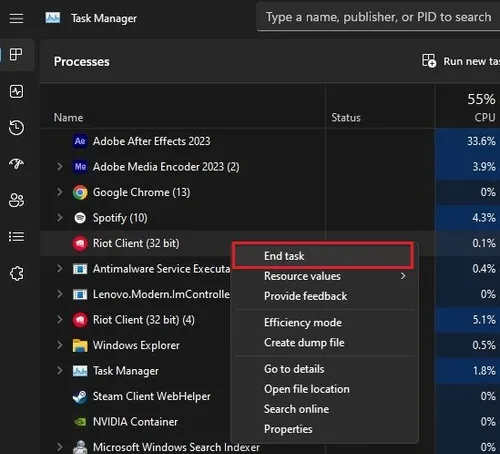 Task Manager > Processes