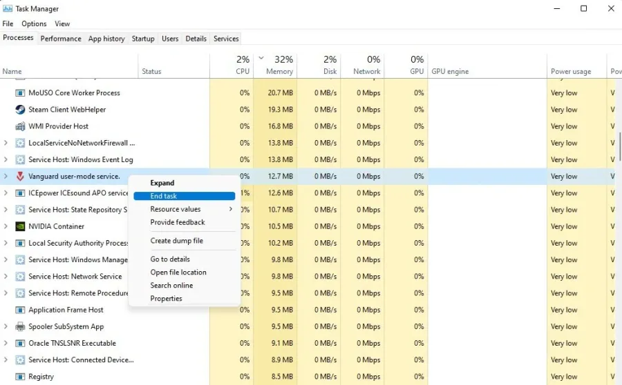 Task Manager > Processes > End Task