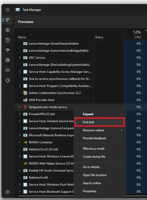 Task Manager > Processes