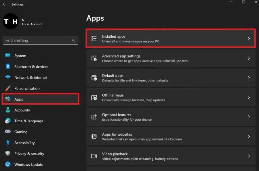 Windows Settings > Apps > Installed apps