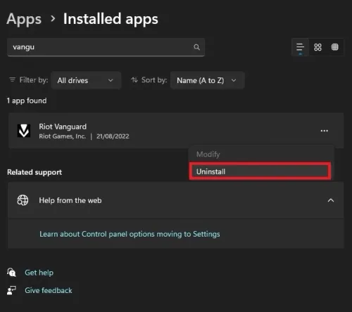 Installed Apps > Riot Vanguard > Uninstall