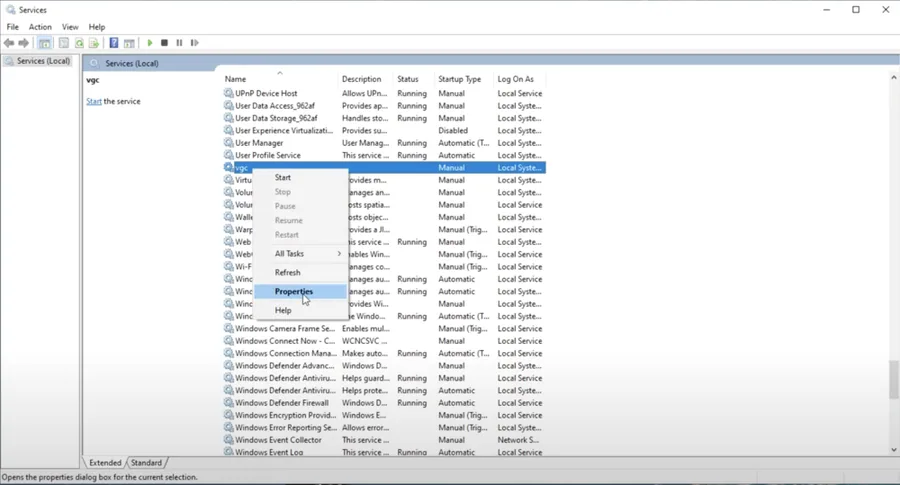 The service control manager will allow you to make changes to services, such as the “VGC” service from Valorant.
