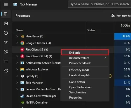 Task Manager > Processes