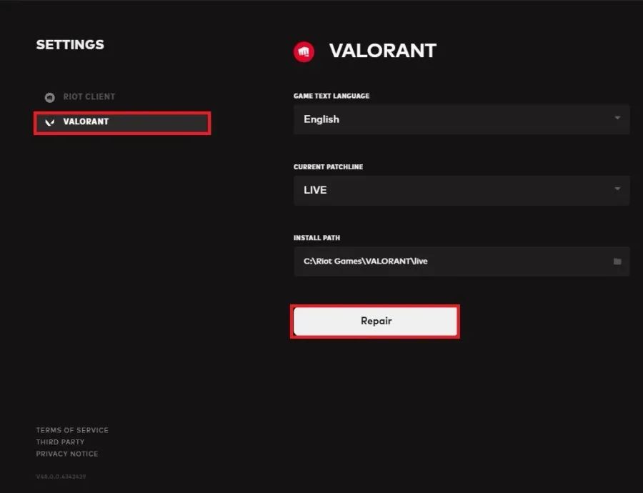 Valorant Settings > Repair