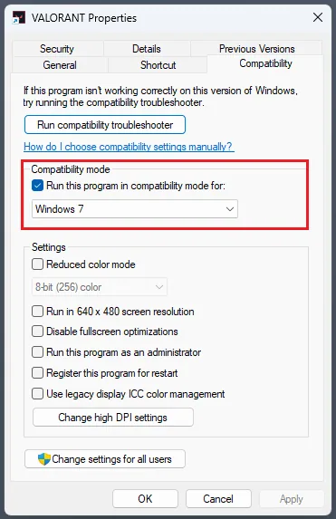Valorant shortcut compatiblity settings