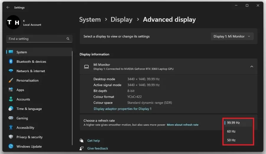 Display Settings > Advanced > Choose a refresh rate
