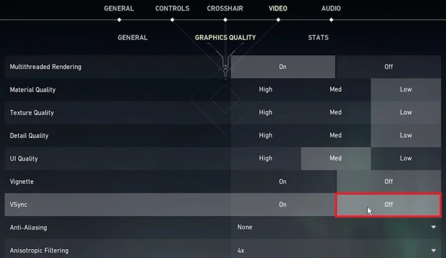 Valorant Settings > Graphics Quality > VSync