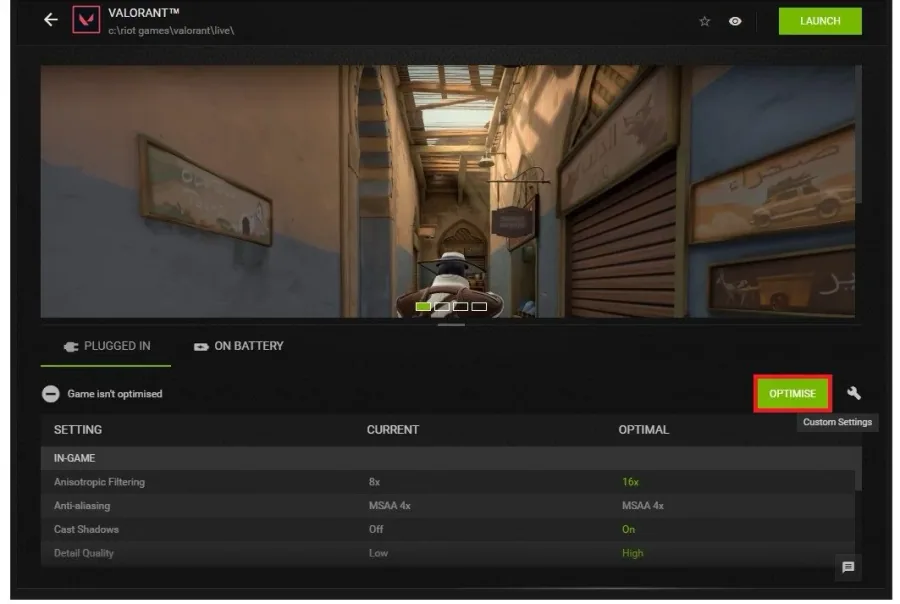 GeForce Experience > Home > Valorant > Optimise