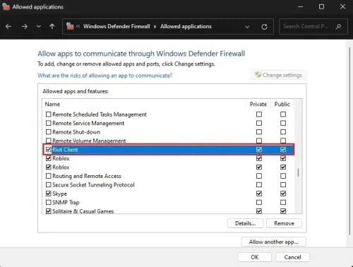Windows Defender Firewall > Allowed Apps