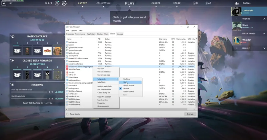 Setting the process priority to High will help your PC prioritise Valorant compared to other programs running in the background. But don’t set it to Realtime.