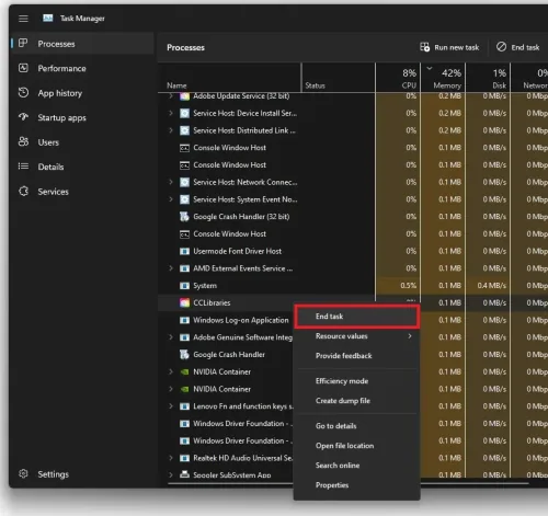 Task Manager > Processes > End Task
